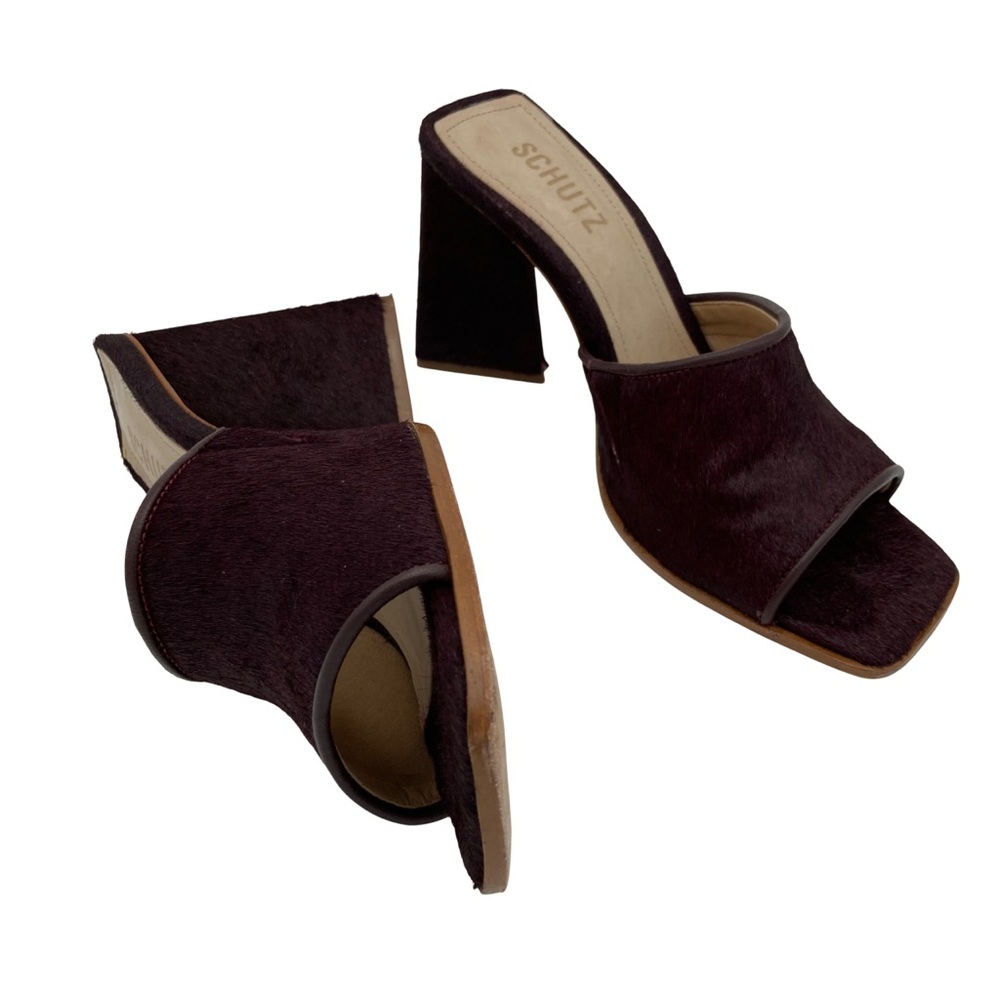 SCHUTZ Lizah Burgundy Calf Hair Square Toe Mules